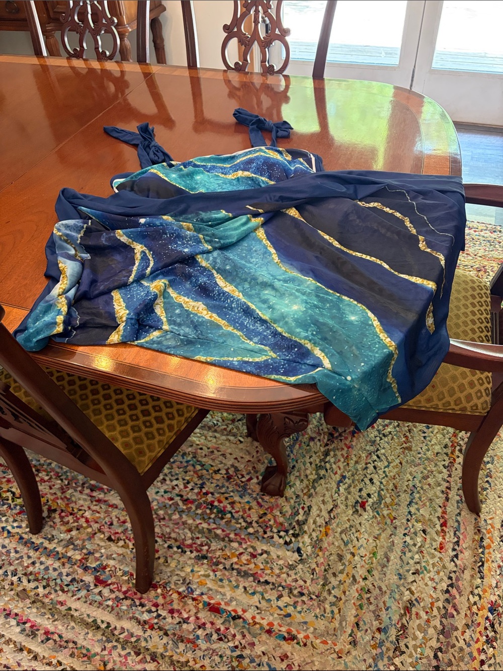 Navy & Teal Swirl Cover with one Piece, Metallic Gold Accents, 2XL